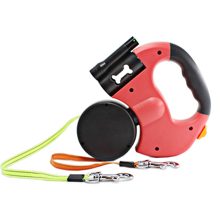 Dual-Headed Retractable Pet Leash with Flashlight & Garbage Bag Box