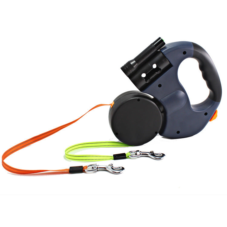 Dual-Headed Retractable Pet Leash with Flashlight & Garbage Bag Box