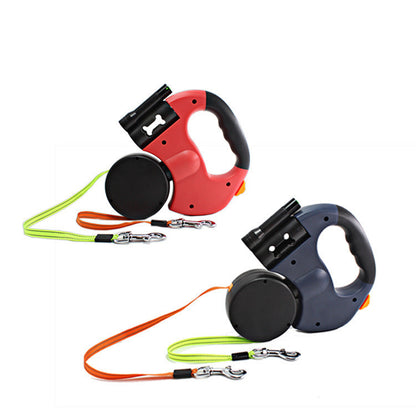 Dual-Headed Retractable Pet Leash with Flashlight & Garbage Bag Box