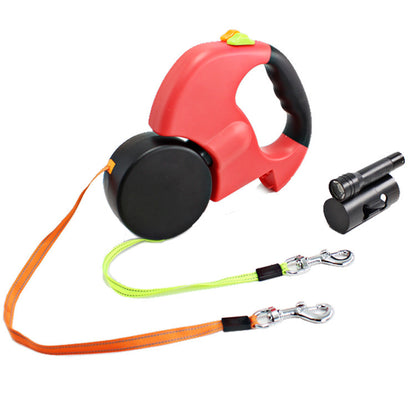 Dual-Headed Retractable Pet Leash with Flashlight & Garbage Bag Box