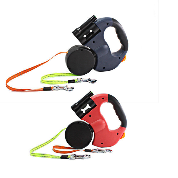 Dual-Headed Retractable Pet Leash with Flashlight & Garbage Bag Box